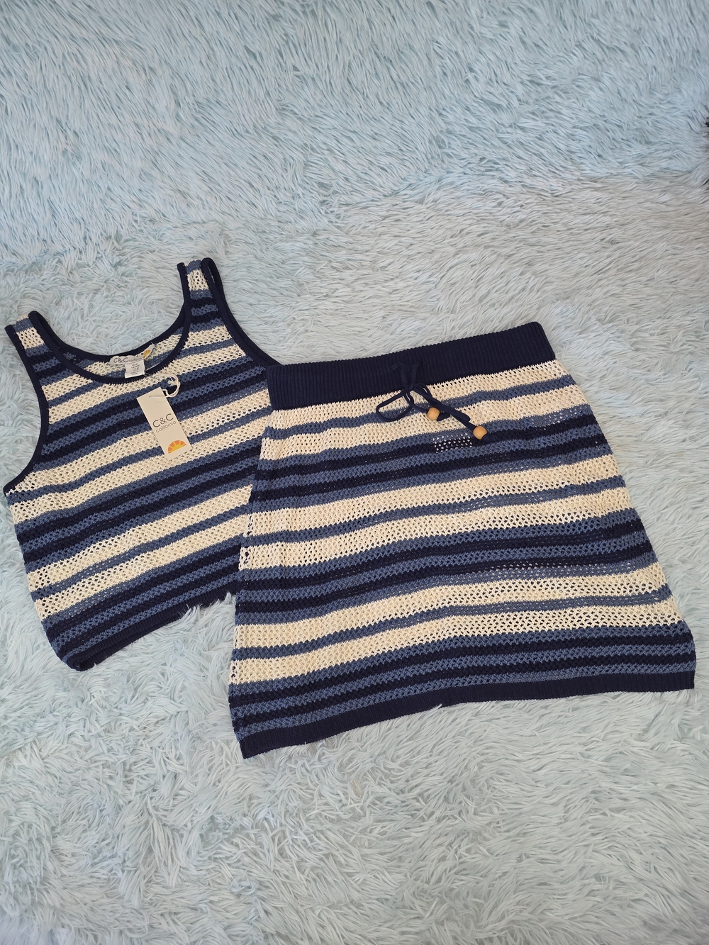 C&C‎ California Striped Crochet Knit 2-Piece Set: Crop Tank & Mini Skirt M